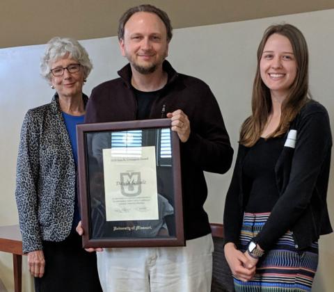 Professor David Schulz (center) with his student Abigail Beckerdite (right) and Ann Covington (left), the award’s namesake.